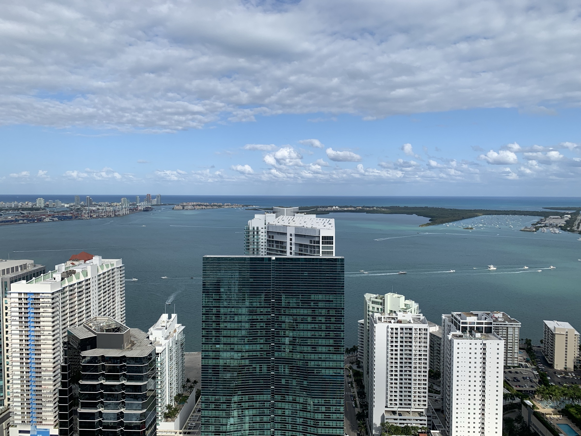 Miami skyline and bay from a rooftop