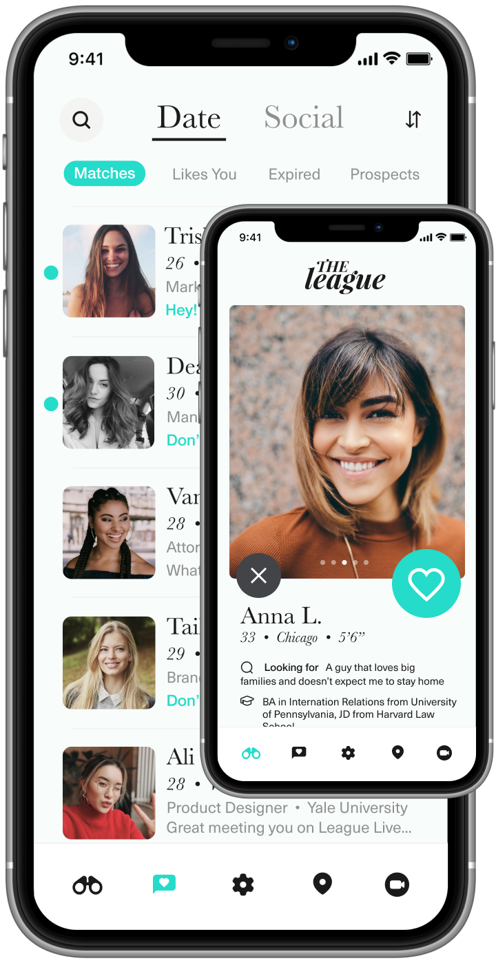 The League app, matches and profile screens